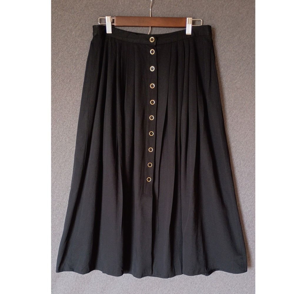 St Michael Marks & Spencer Black Button Front Midi Skirt Size 10 Pleated Pull On